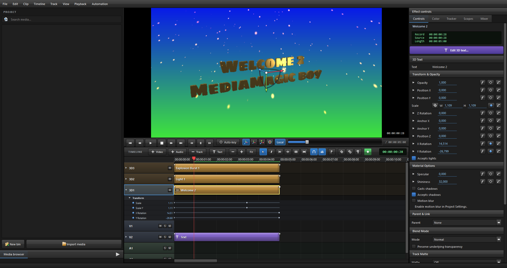 MediaMagic main window: project bin, program monitor, effect controls, timeline