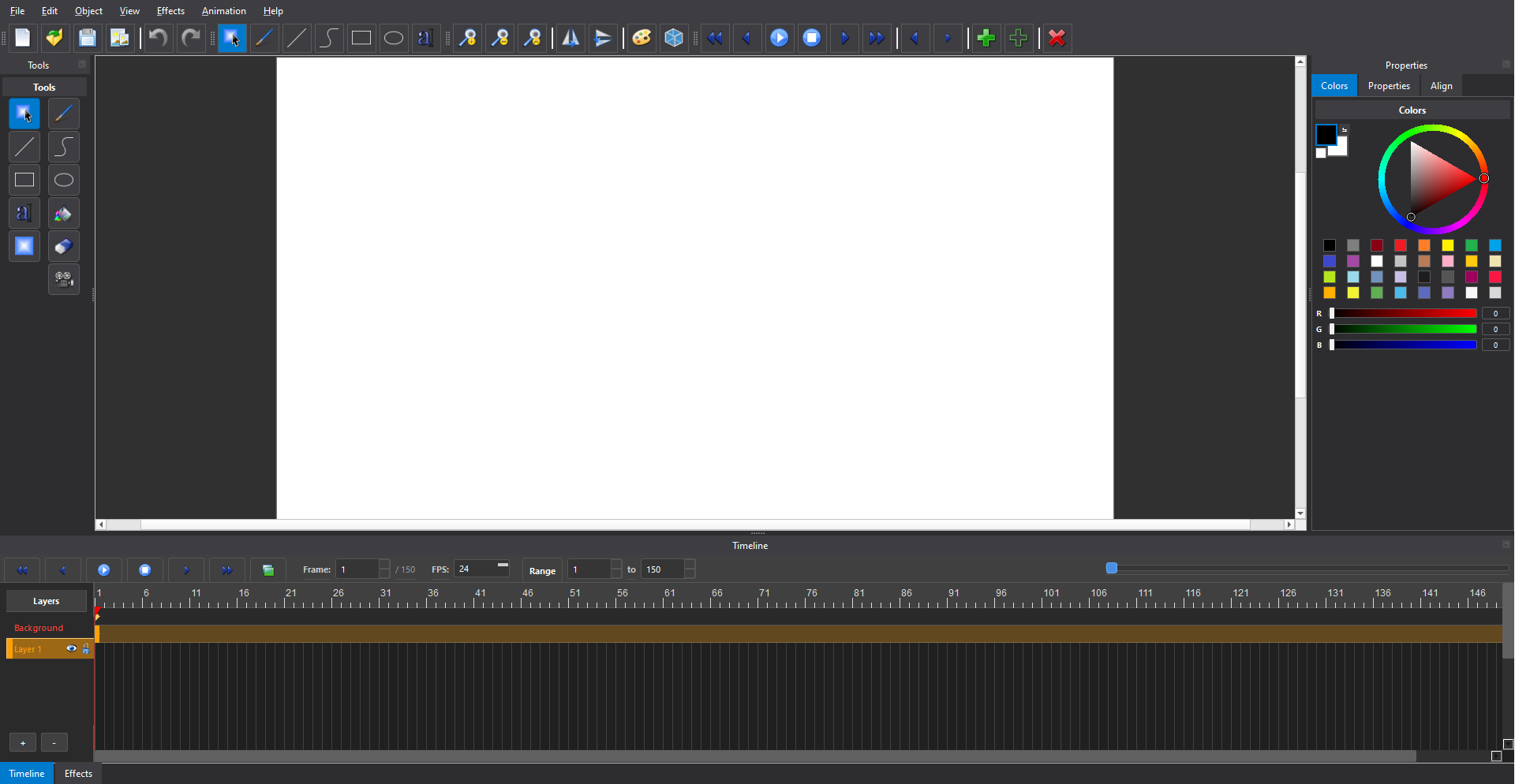 Orion MX main window: tool palette, canvas, color picker, timeline